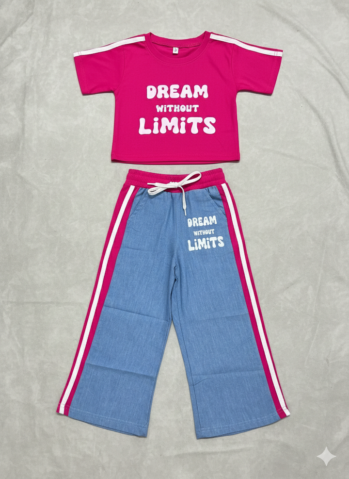 Girl's Causal Hot Pink Co-Ord Set With Soft Denim Bottom[GCS-5053](3-12 Years)