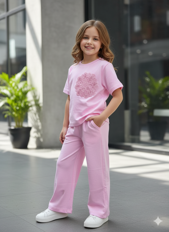 Girls Party Wear Baby Pink Co-Ord Set [GCS-6334](4-12 Years)