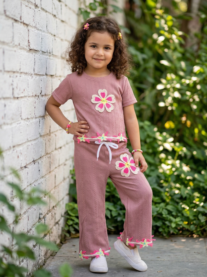 Girls Casual Flower Patch Peach Co-Ord Set [GCS-2064] (3-12 Years)