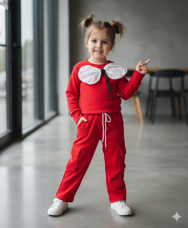 Girls Red Cargo Pocket Co-Ord Set [GCS-9909] (4-12Years)