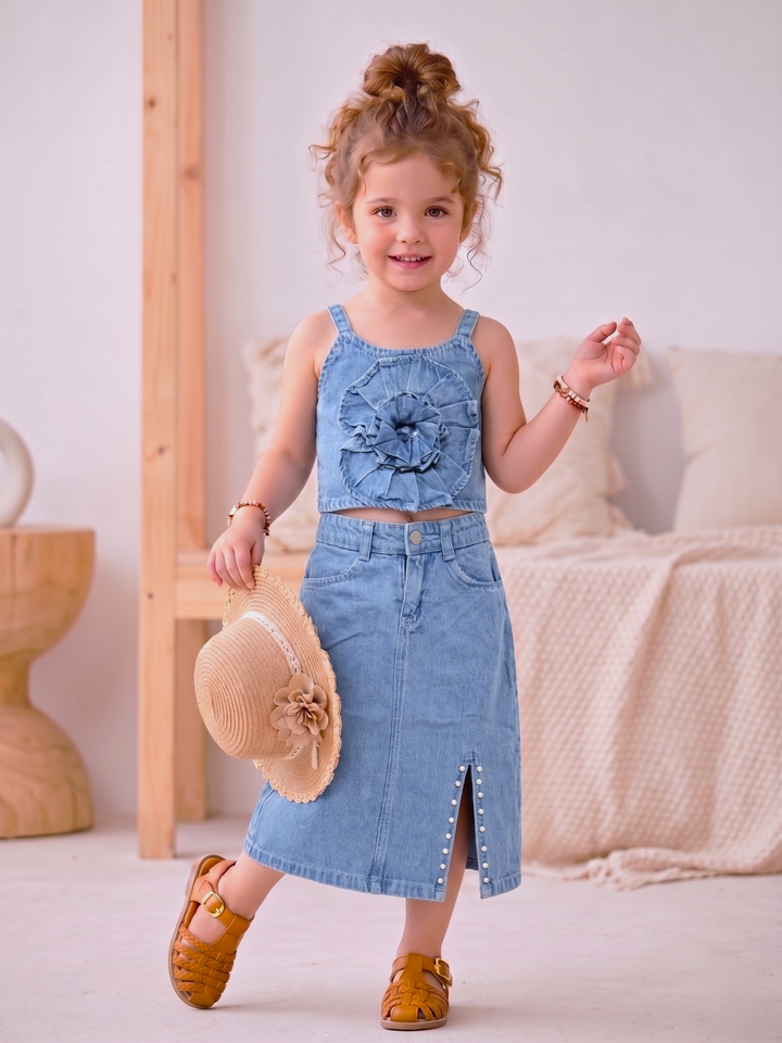 Girl's Medium Blue Denim Flower Co-Ord Set [GCS-7741] (2-8 Years)