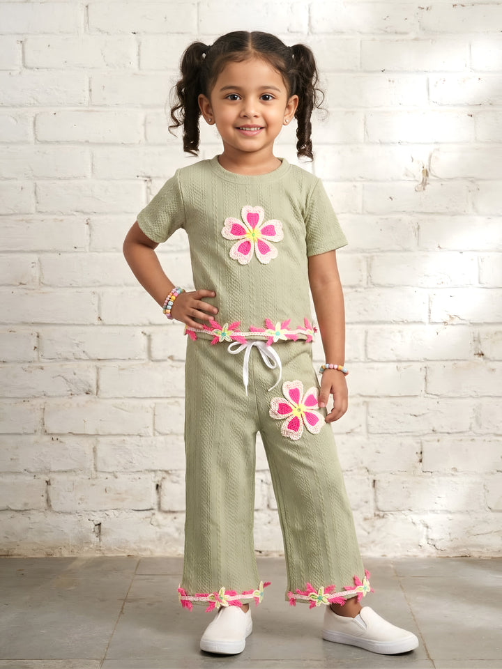 Girls Casual Flower Patch Green Co-Ord Set [GCS-2065] (3-12 Years)