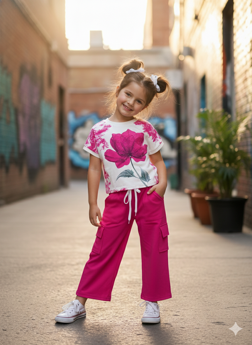 Girl's Hot Pink Flower Printed Co-Ord Set  [GCS-7025] (4-12 Years)