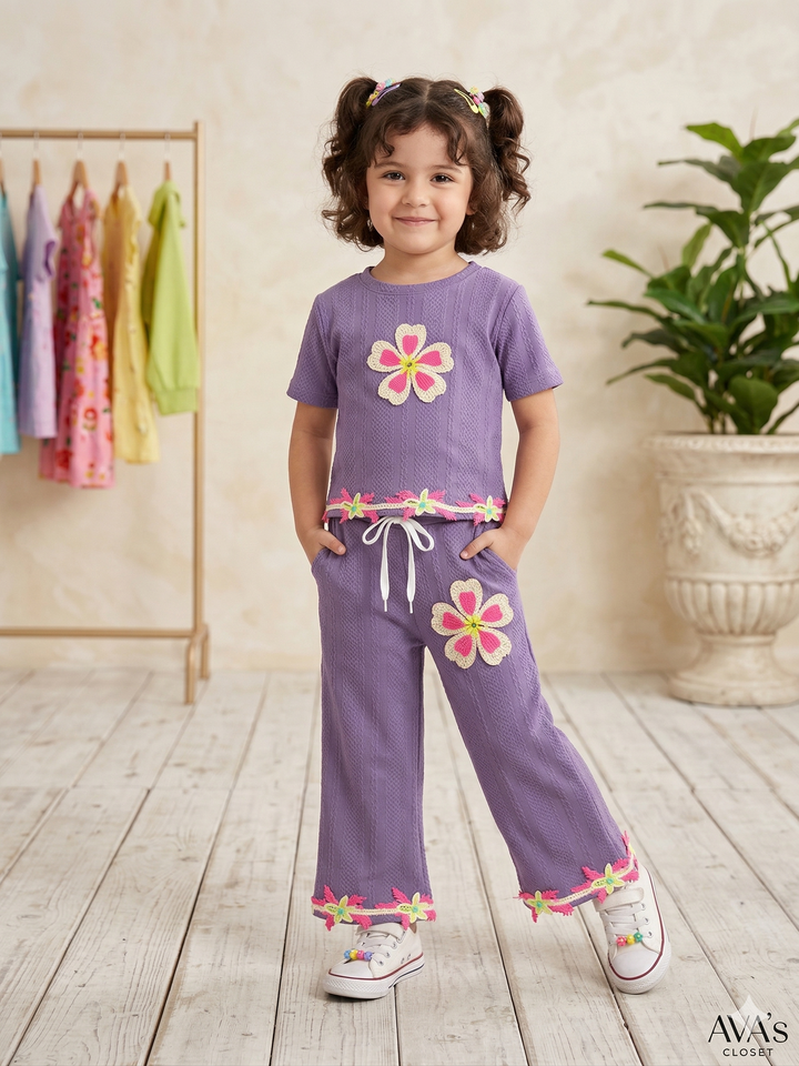 Girls Casual Flower Patch Purple Co-Ord Set [GCS-2066] (3-12 Years)