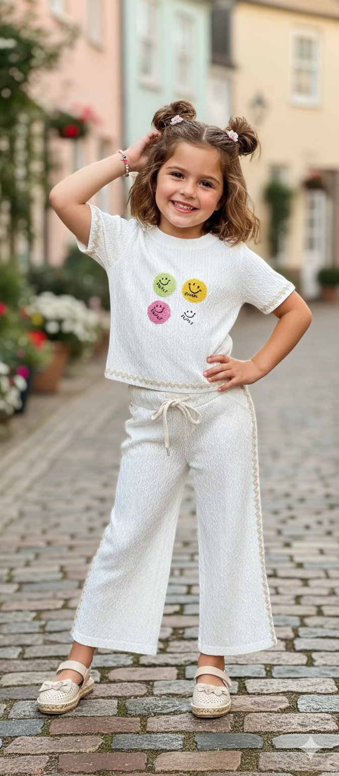 Girls White Casual Smiley Co-Ord Set [GCS-6218](4-12 Years)