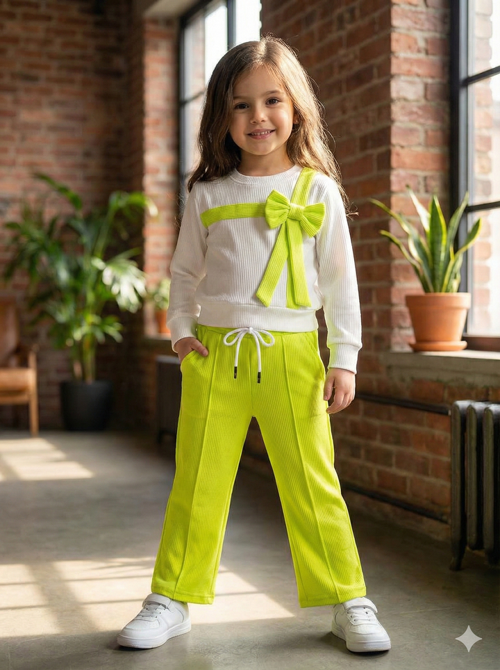Girls Casual Green Bow Co-Ord Set [GCS-6112] (4-12Years)