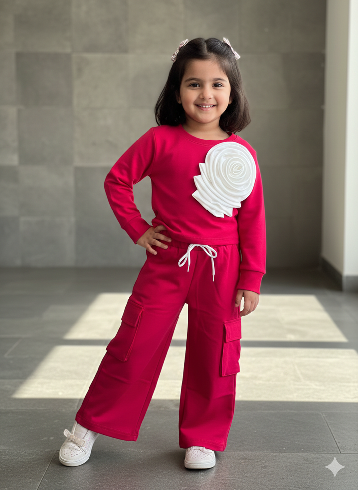 Girl's Flower Red Co-Ord Set [GCS-6174](4-12 Years)