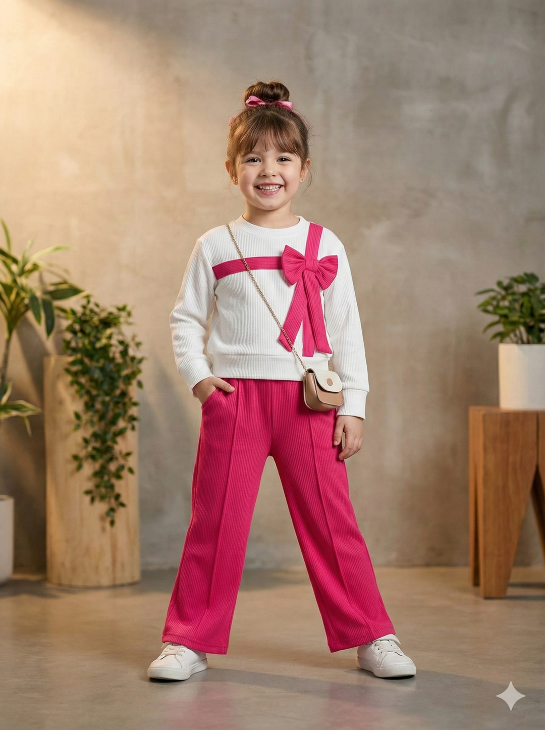 Girls Casual Hot Pink Bow Co-Ord Set [GCS-6110] (4-12Years)