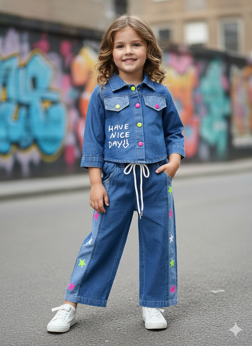 Girl's Denim Designer 2 Peice Co-Ord Set (WITHOUT T-SHIRT) [GCS-6266] (4-12 Years)