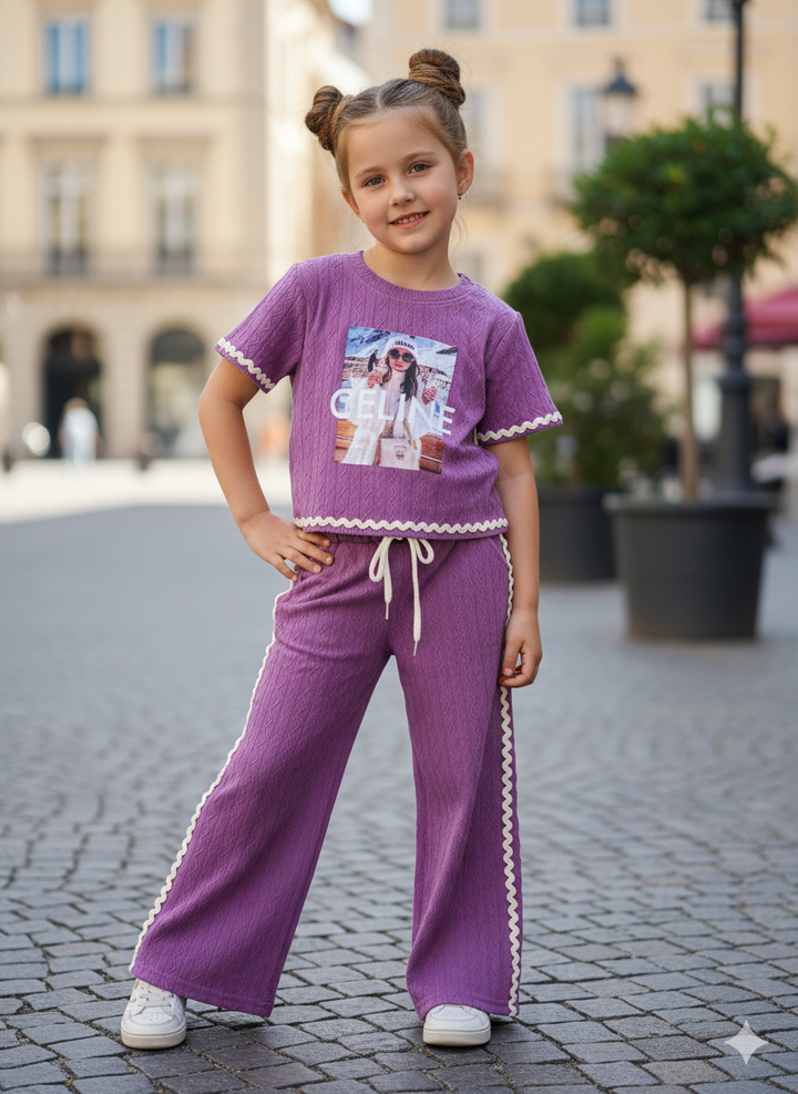 Girls Casual Photo Print Purple Co-Ord Set [GCS-6312](4-12 Years)