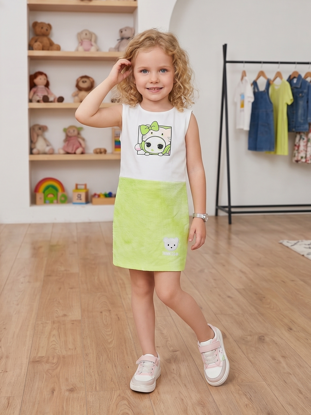 Girls Green Onepiece With Denim Jacket [GD-4721] (3-12 Years)