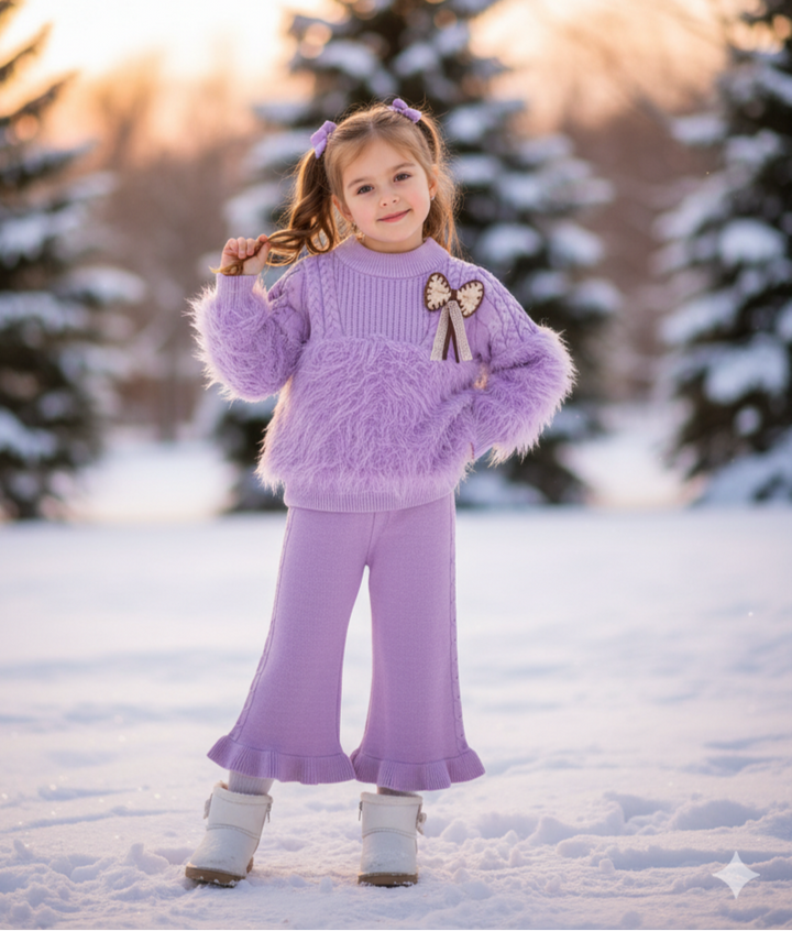 Girls Knitted Co-Ord Set With Faux Fur Detailing [GCS-6607](1-6 Years)