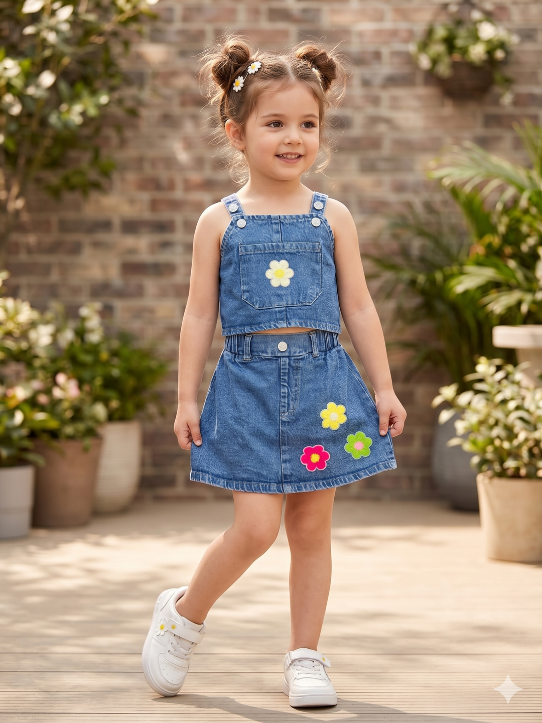 Girl's Denim Flower Medium Blue Co-Ord Set [GCS-4328] (2-9 Years)
