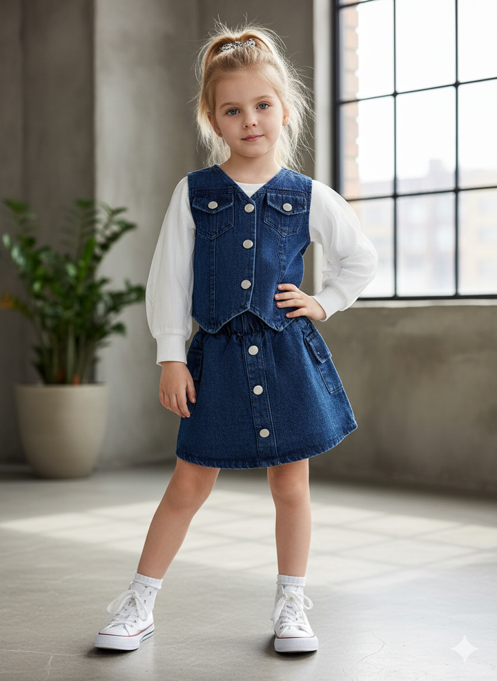 Girl's Denim Dark Blue 3 Piece Co-Ord Set [GCS-6197] (4-12 Years)