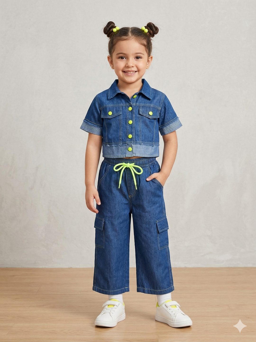 Girl's Outstiched Dark Blue Soft Denim Co-Ord Set[GCS-2112](4-12 Years)