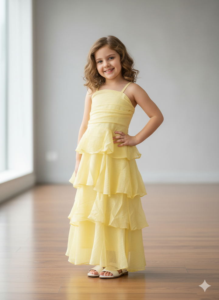 Girls Party Wear Yellow Long One-Peice With Shrug [GT-6625] (3-11 Years)