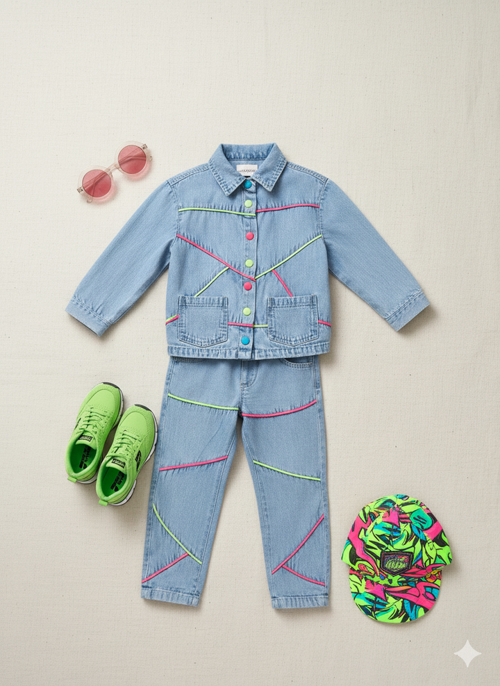 Girl's Denim Designer 2 Peice Co-Ord Set(Without T-shirt) [GCS-6623] (4-12 Years)