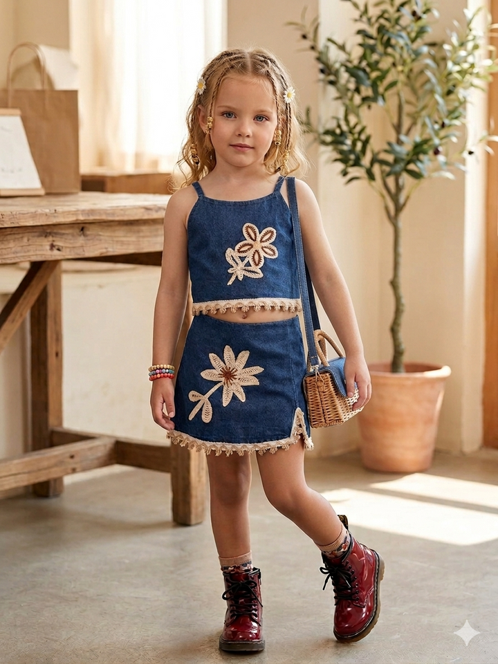 Girl's Floral Appliqué Denim Two-Piece Co-Ord Set [GCS-7486] (1-6 Years)