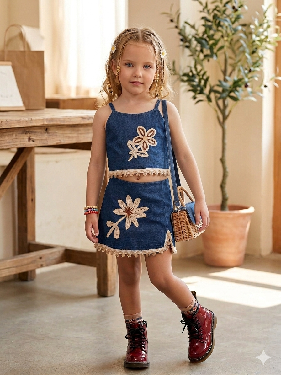 Girl's Floral Appliqué Denim Two-Piece Co-Ord Set [GCS-7486] (1-6 Years)