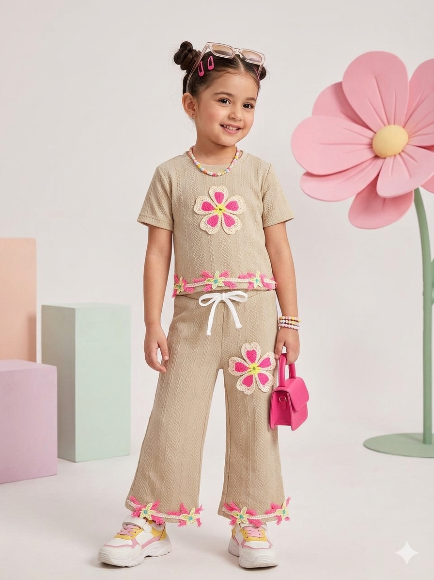 Girls Casual Flower Patch Beige Co-Ord Set [GCS-2068] (3-12 Years)