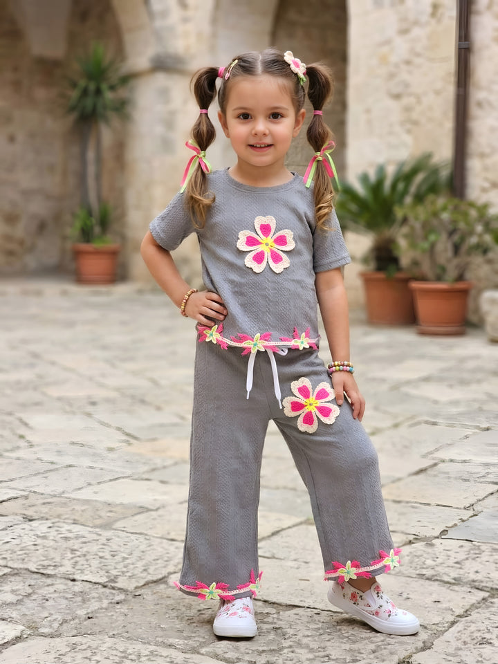 Girls Casual Flower Patch Grey Co-Ord Set [GCS-2063] (3-12 Years)