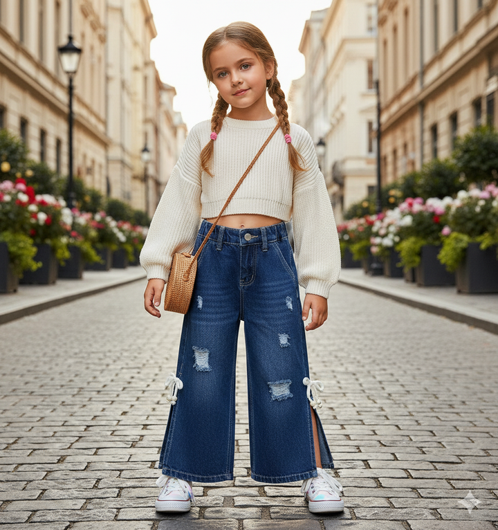 Girls Designer Straight Fit Dark Blue Jeans With Slit [GJ-942] (3-14Years)
