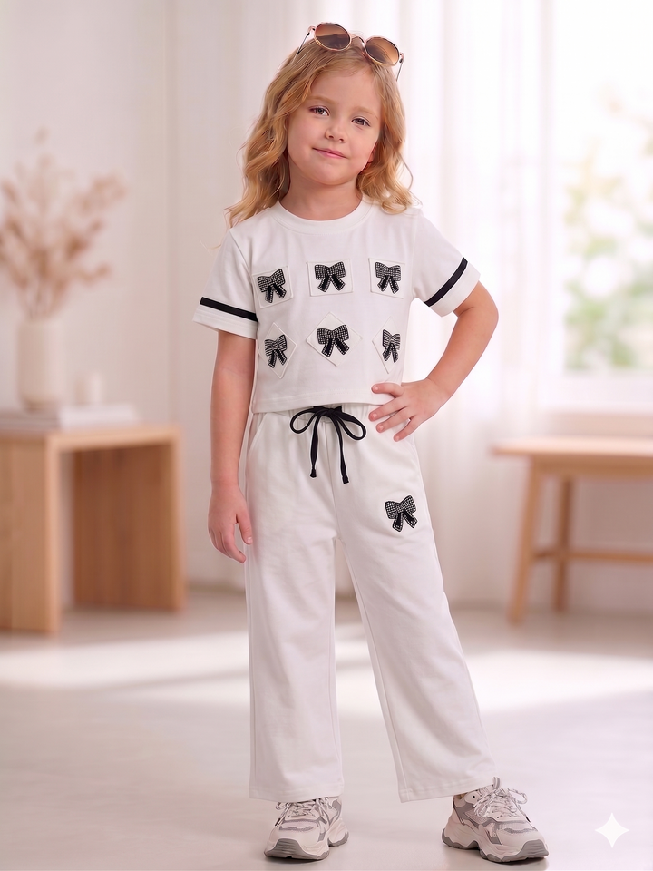 Girls Casual White Bow Co-Ord Set [GCS-5498] (4-12 Years)