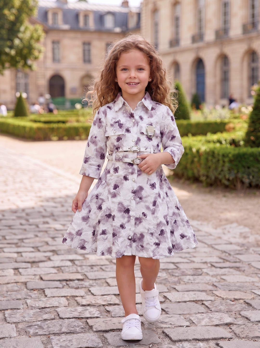 Girls Printed Purple Dresse with Belt [GD-4954] (1-12Years)