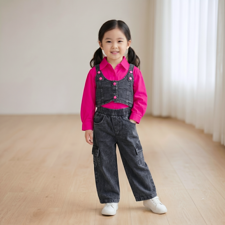 Girl's 3 Piece Hot Pink Denim Co-Ord Set [GCS-6144] (4-12 Years)