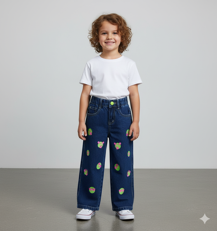 Girls Dark Blue Smiley Embroidered Straight Fit Jeans [GJ-962] (1-12Years)