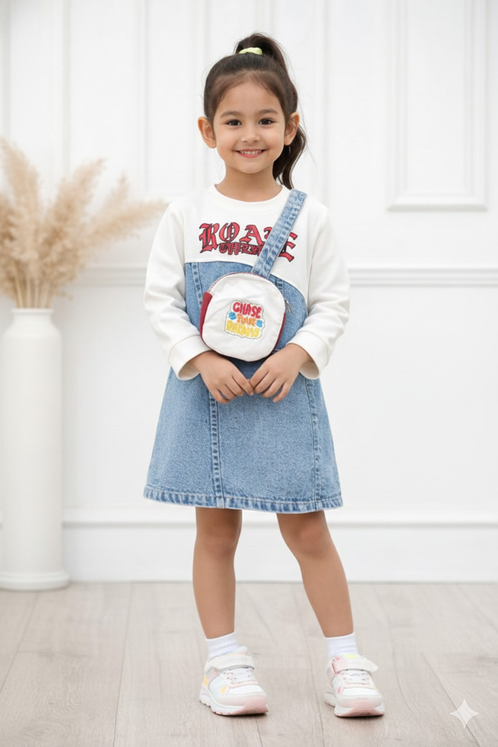 Girls White Denim Dress With BACK PRINT [GD-6053] (3-11 Years)