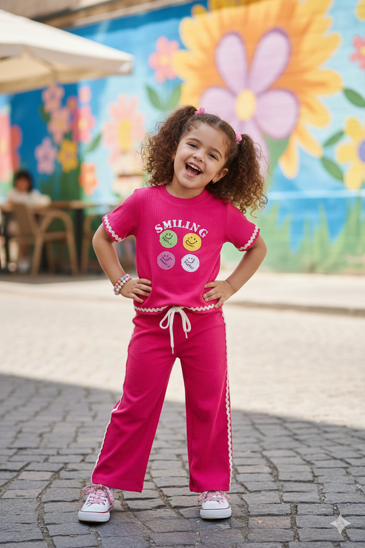Girls Hot-Pink Casual Smiley Co-Ord Set [GCS-6222](4-12 Years)