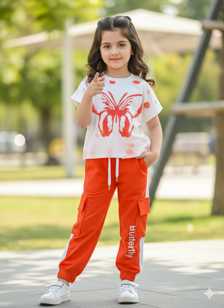 Girl's Buterfly Orange Co-Ord Set [GCS-6530](3-12 Years)