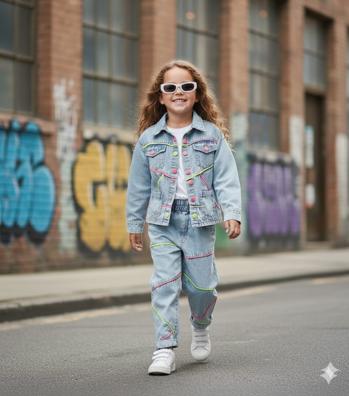 Girl's Denim Designer 2 Peice Co-Ord Set(Without T-shirt) [GCS-6623] (4-12 Years)