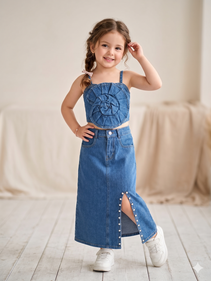 Girl's Medium Denim Flower Co-Ord Set [GCS-5850](4-12 Years)