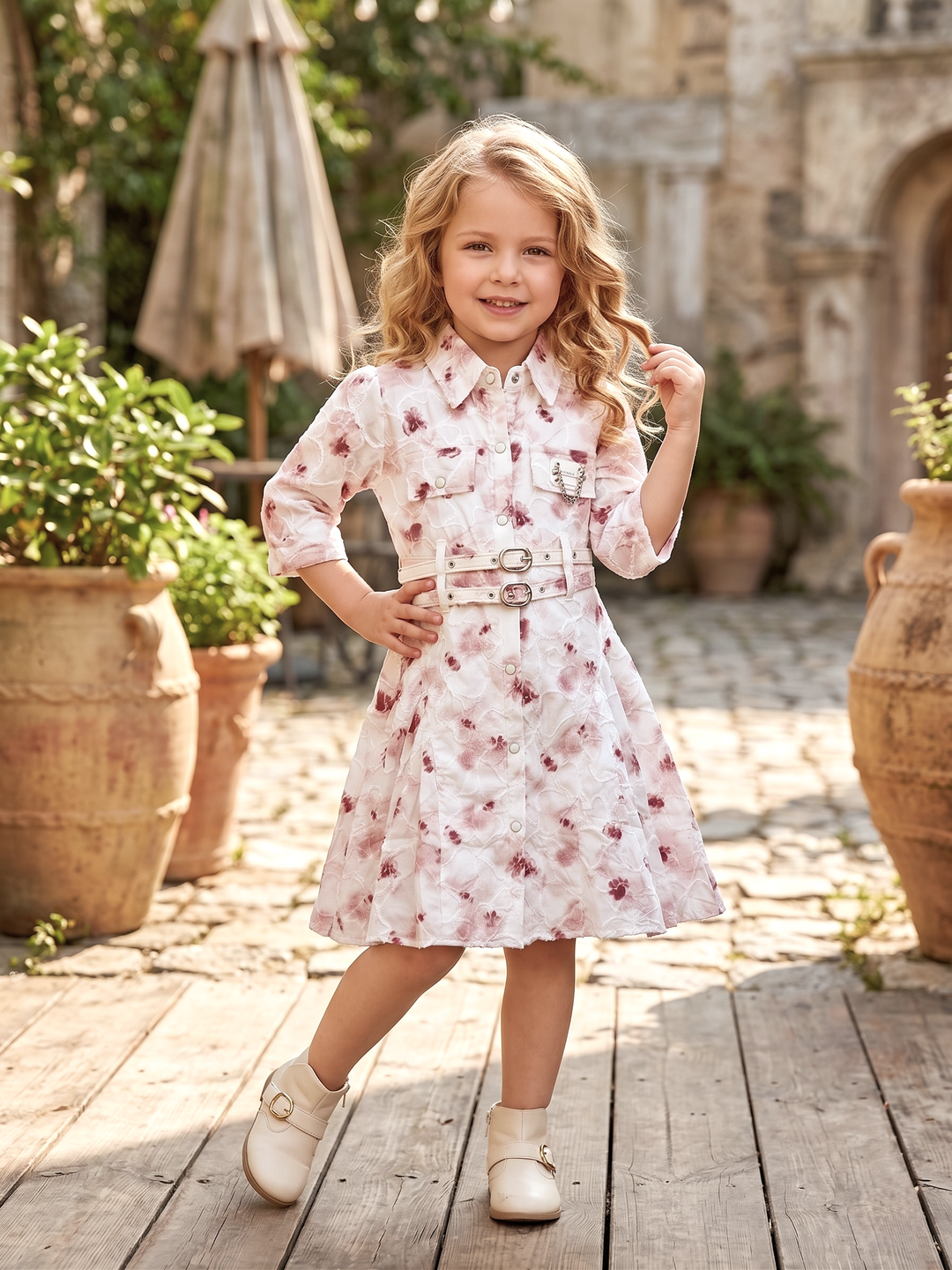 Girls Printed Maroon Dresse with Belt [GD-4156] (1-12Years)