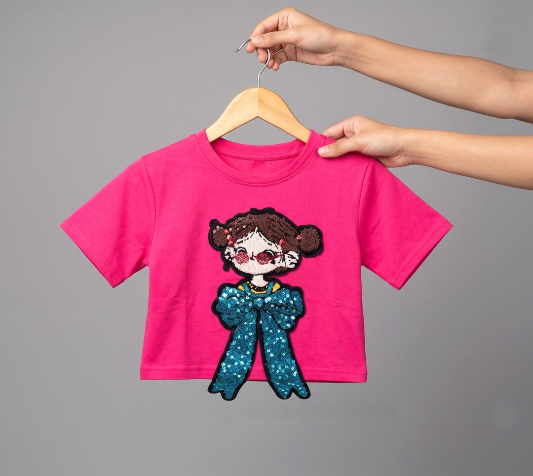 Girls Hot Pink Cartoon Applique Top [GT-5520] [4-12 year]
