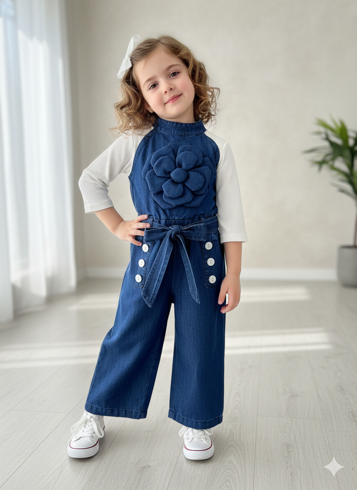 Girls  Soft Cotton Denim Flower Dark Blue Jumpsuit With T-shirt [GD-6114] (2-10 Years)