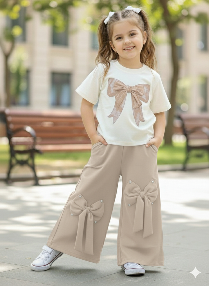 Girl's Beige Bow Co-Ord Set  [GCS-6449] (4-12 Years)