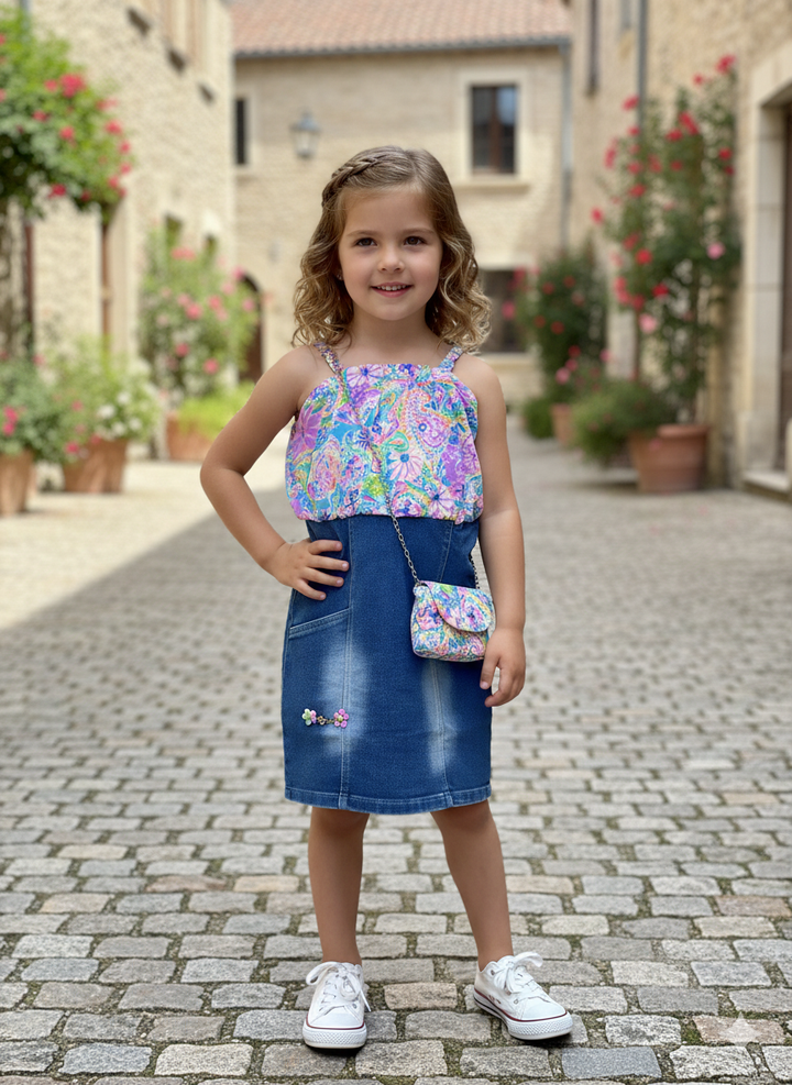 Girls Purple Denim Dress With Purse [GD-6492] (1-7Years)