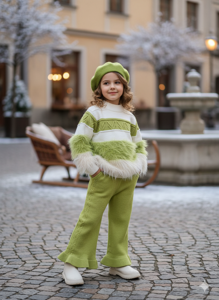 Girls Knitted Co-Ord Set With Faux Fur Detailing (WITHOUT CAP) [GCS-6603](1-6 Years)