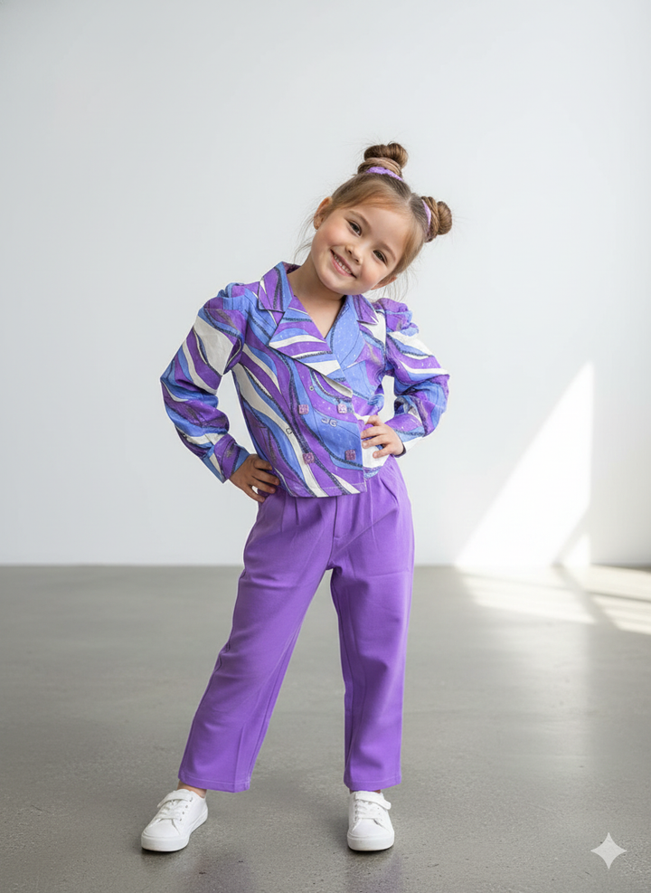 Girl's 3 Peice Printed Blazer Co-Ord Set [GCS-6246] (4-12 Years)