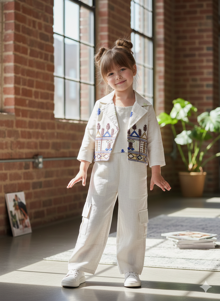 Girl's Embroidered 3 Piece Khadi Cotton Co-Ord Set [GCS-4852] (4-12 Years)