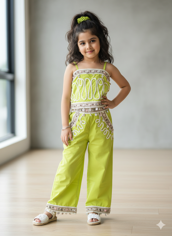 Girl's Sleeve Less Designer Green Co-Ord Set [GCS-6589] (4-12 Years)