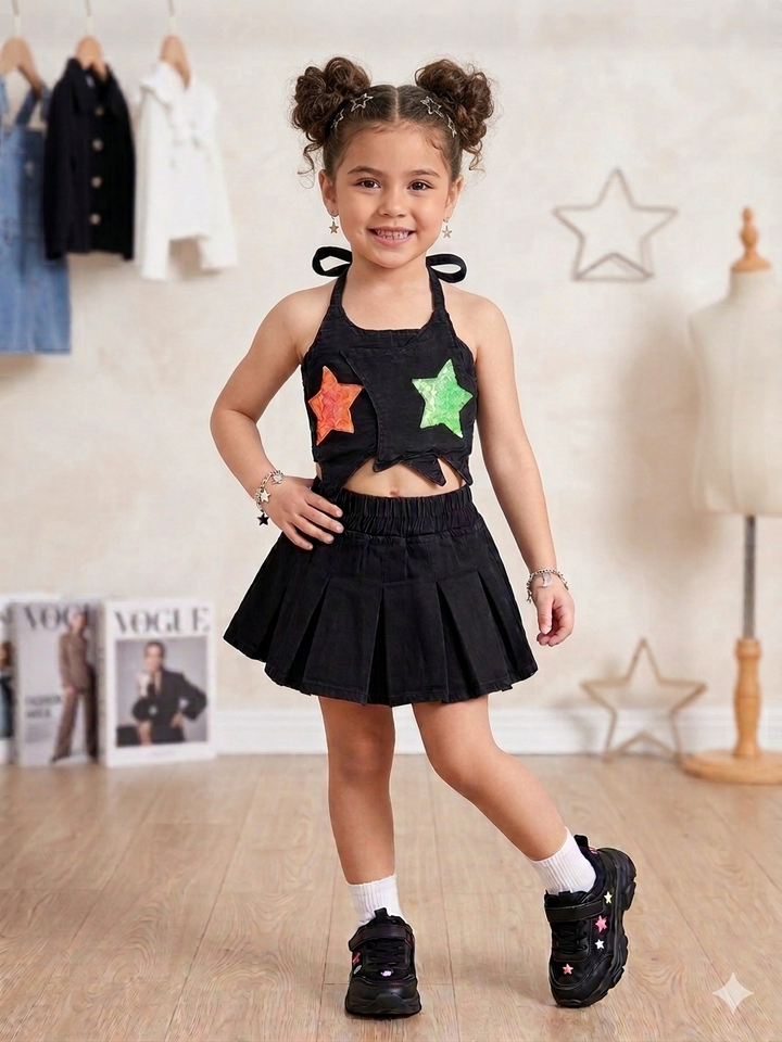 Girl's Black Designer Halter Neck Co-Ord Set  [GCS-6561] (1-8Years)