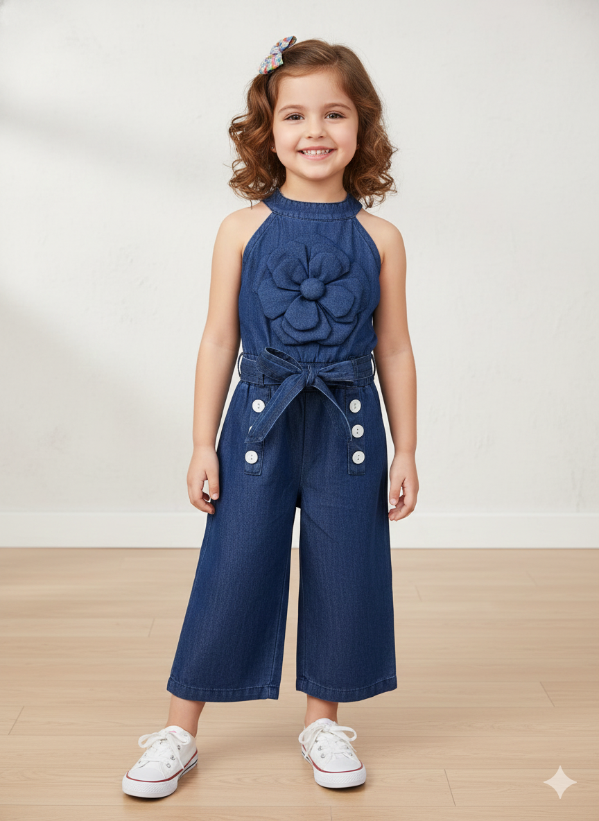 Girls  Soft Cotton Denim Flower Dark Blue Jumpsuit With T-shirt [GD-6114] (2-10 Years)