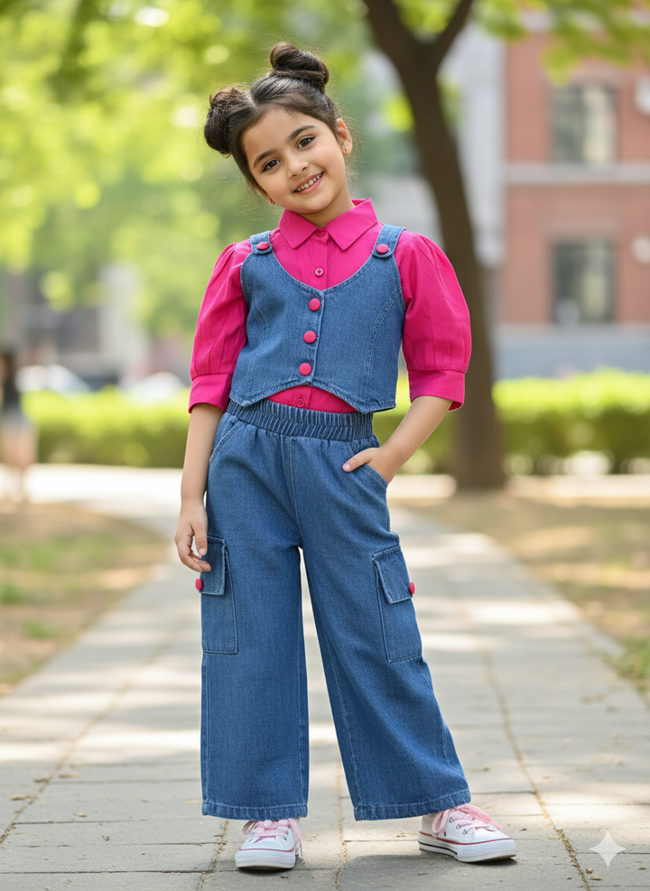 Girl's 3 Piece Hot Pink Denim Co-Ord Set [GCS-6612] (4-12 Years)