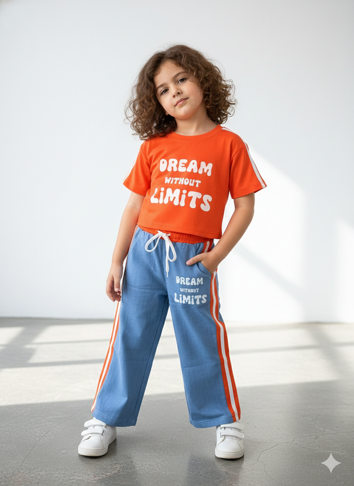 Girl's Causal Orange Co-Ord Set With Soft Denim Bottom [GCS-5051](3-12 Years)