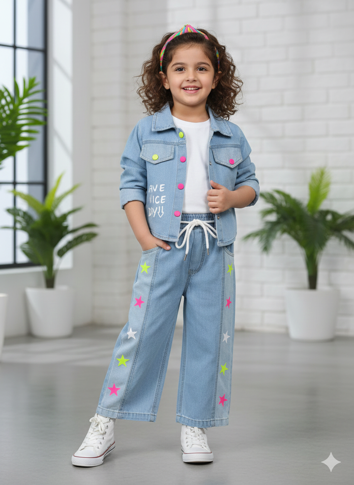 Girl's Denim Designer 2 Peice Co-Ord Set (WITHOUT T-SHIRT) [GCS-6265] (4-12 Years)