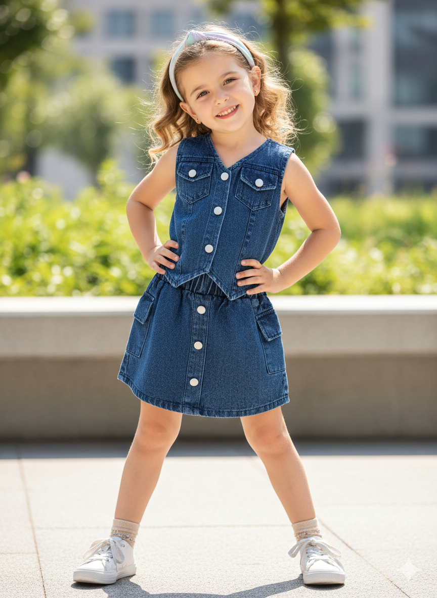 Girl's Denim Dark Blue 3 Piece Co-Ord Set [GCS-6197] (4-12 Years)